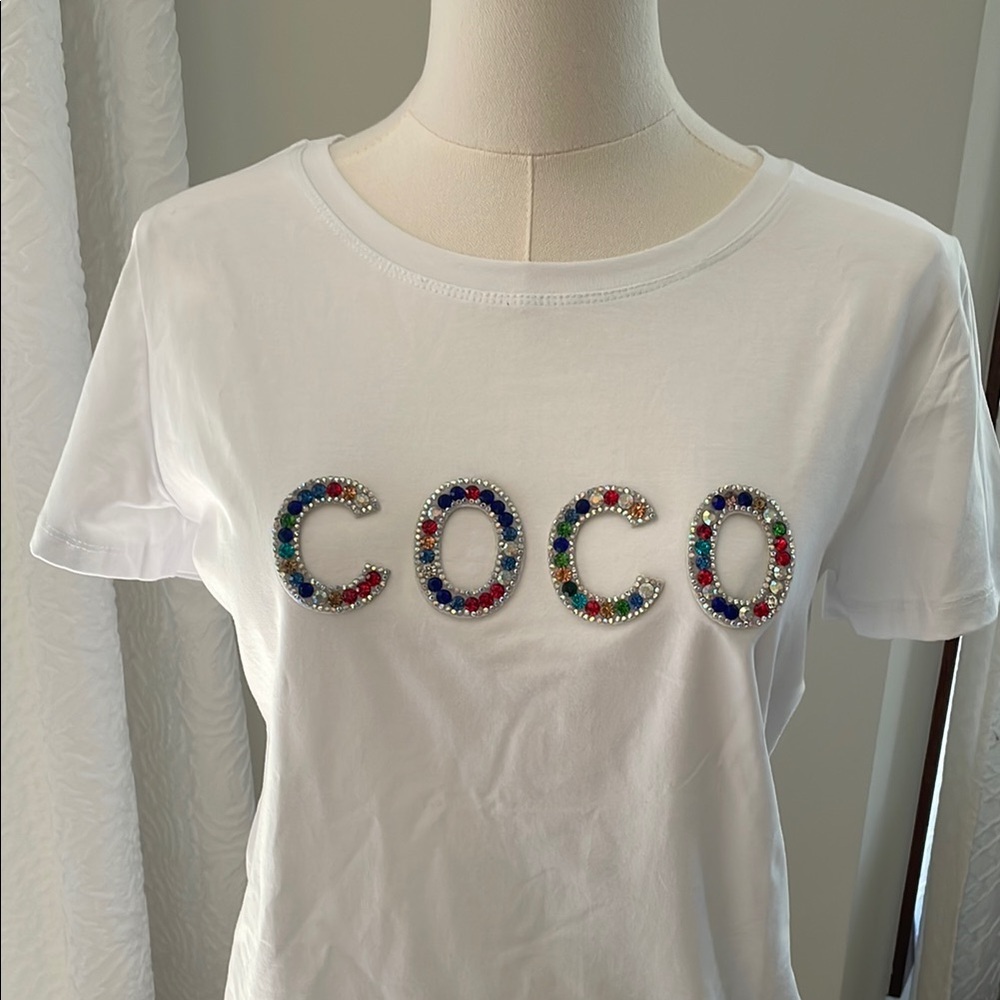 White T-Shirt Colorful Beaded 'COCO' NWOT Boutique Fashion top Small inspired - Picture 2 of 9